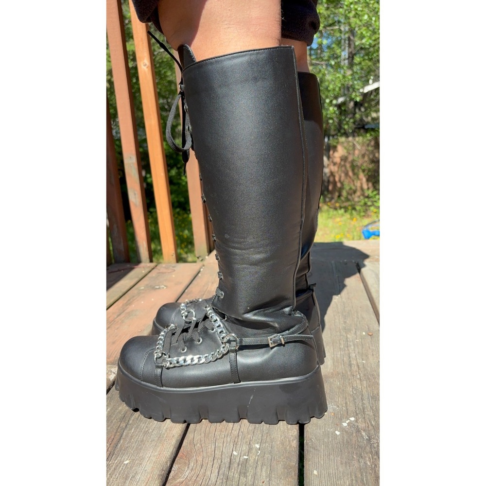 Cape Robbin Emo Stomp Platform Boots Black Chain Y2K Chunky Lace Up Zip Knee 10 - Picture 7 of 13